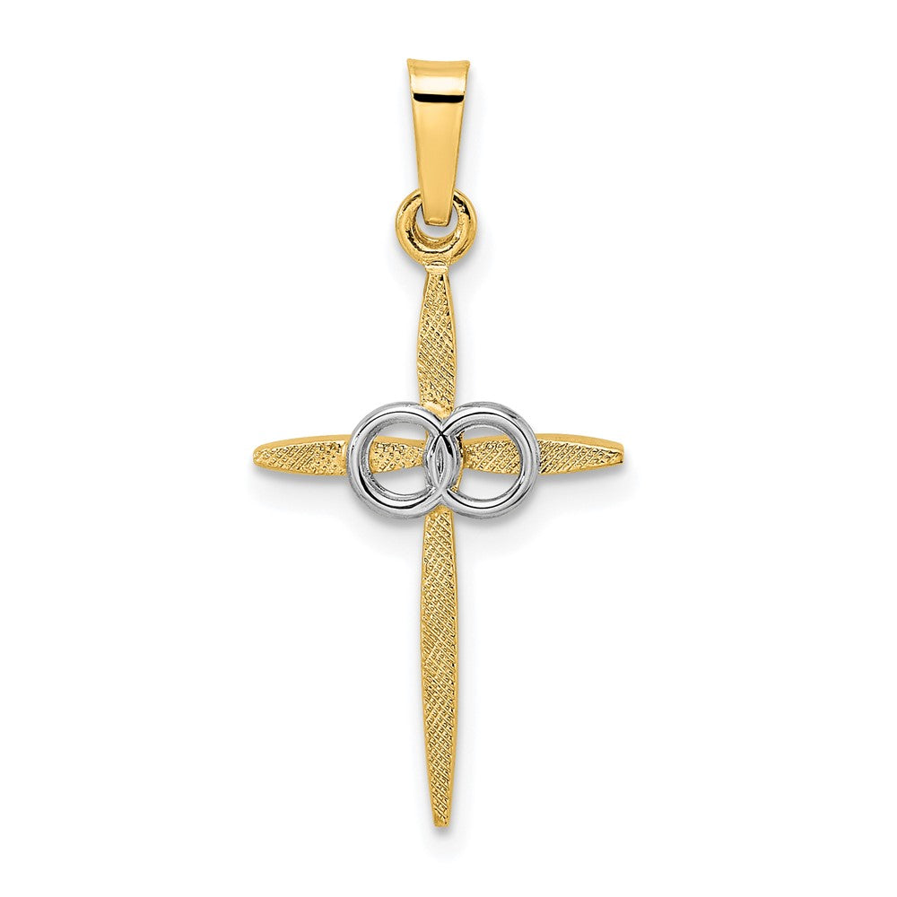 14k Two-tone Gold Polished and Satin Solid Double Ring Cross Pendant