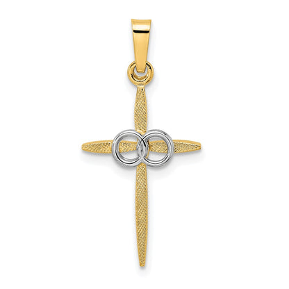 14k Two-tone Gold Polished and Satin Solid Double Ring Cross Pendant