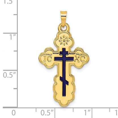 14k Yellow Gold Polished Eastern Orthodox Blue Enamel Solid Cross Pendant