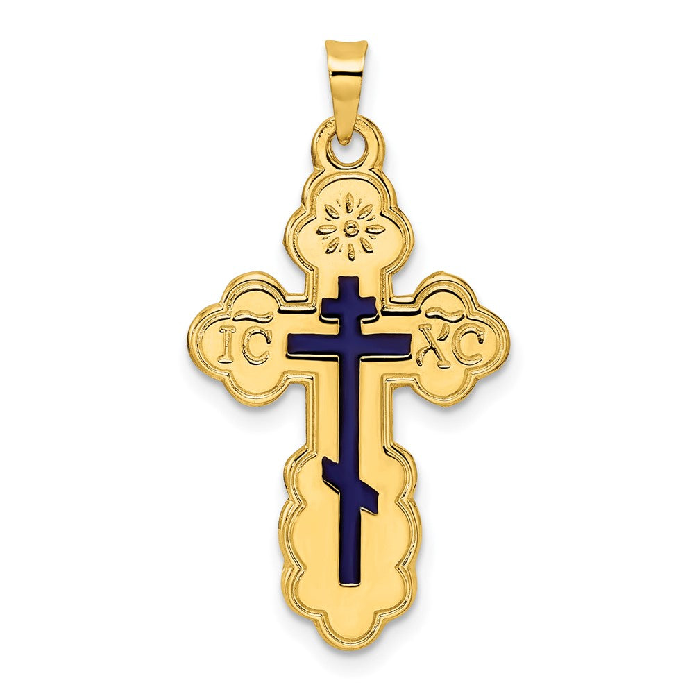 14k Yellow Gold Polished Eastern Orthodox Blue Enamel Solid Cross Pendant
