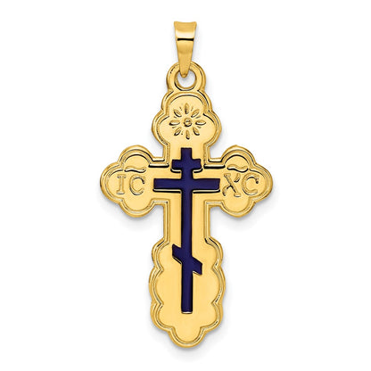 14k Yellow Gold Polished Eastern Orthodox Blue Enamel Solid Cross Pendant