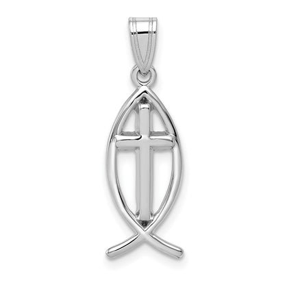 14k White Gold Cross Ichthus Fish Pendant