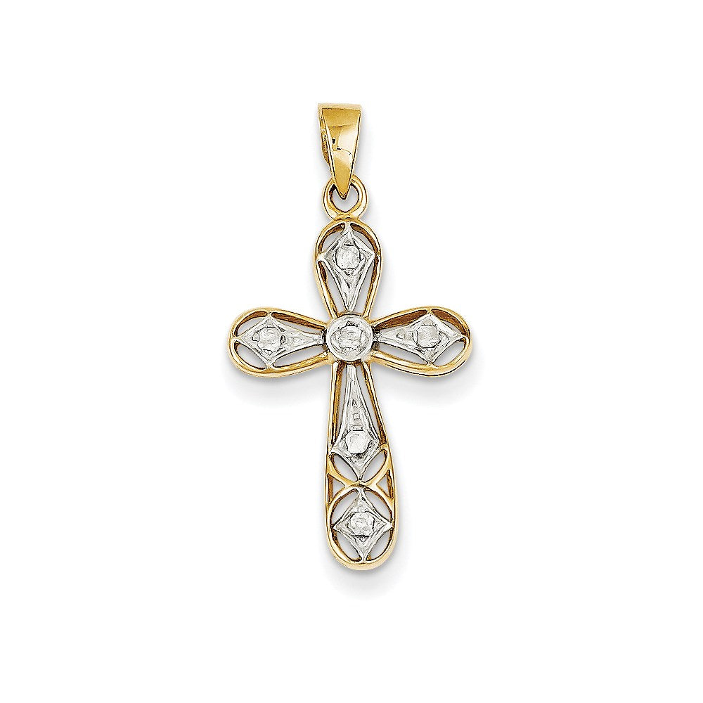 14k Yellow & Rhodium Gold & Rhodium Diamond Cross Pendant