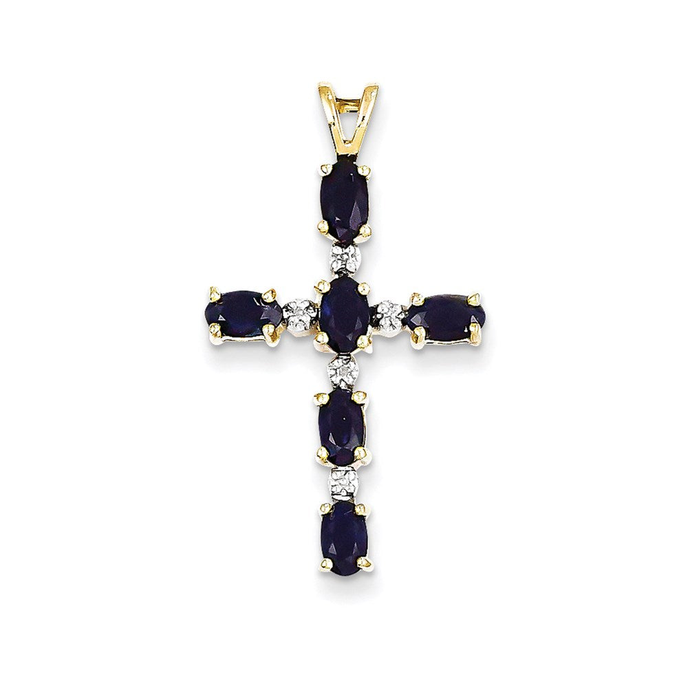 Natural Diamond and Sapphire Cross Pendant in Solid 14k Yellow Gold