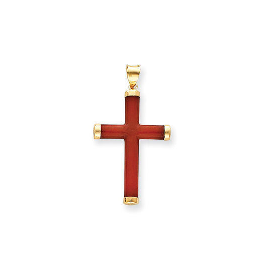 14k Yellow Gold Red Dyed Quartz Cross Pendant
