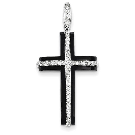 14k White Gold Diamond & Onyx Cross Pendant