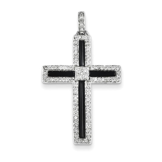 14k White Gold Diamond & Onyx Cross Pendant