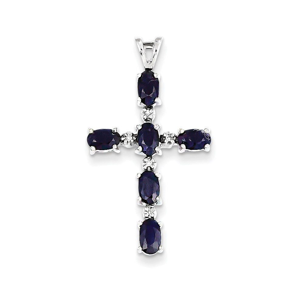 14k White Gold Diamond and Sapphire Cross Pendant