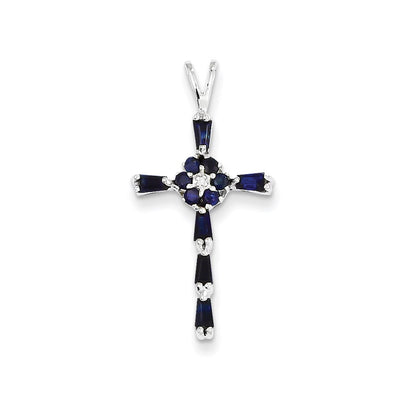 14k White Gold Diamond & Sapphire Cross Pendant