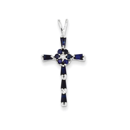 14k White Gold Diamond & Sapphire Cross Pendant