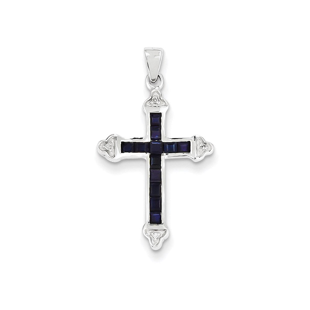 14k White Gold Diamond & Sapphire Cross Pendant
