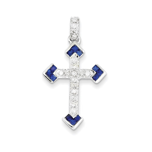 14k White Gold Diamond & Sapphire Cross Pendant