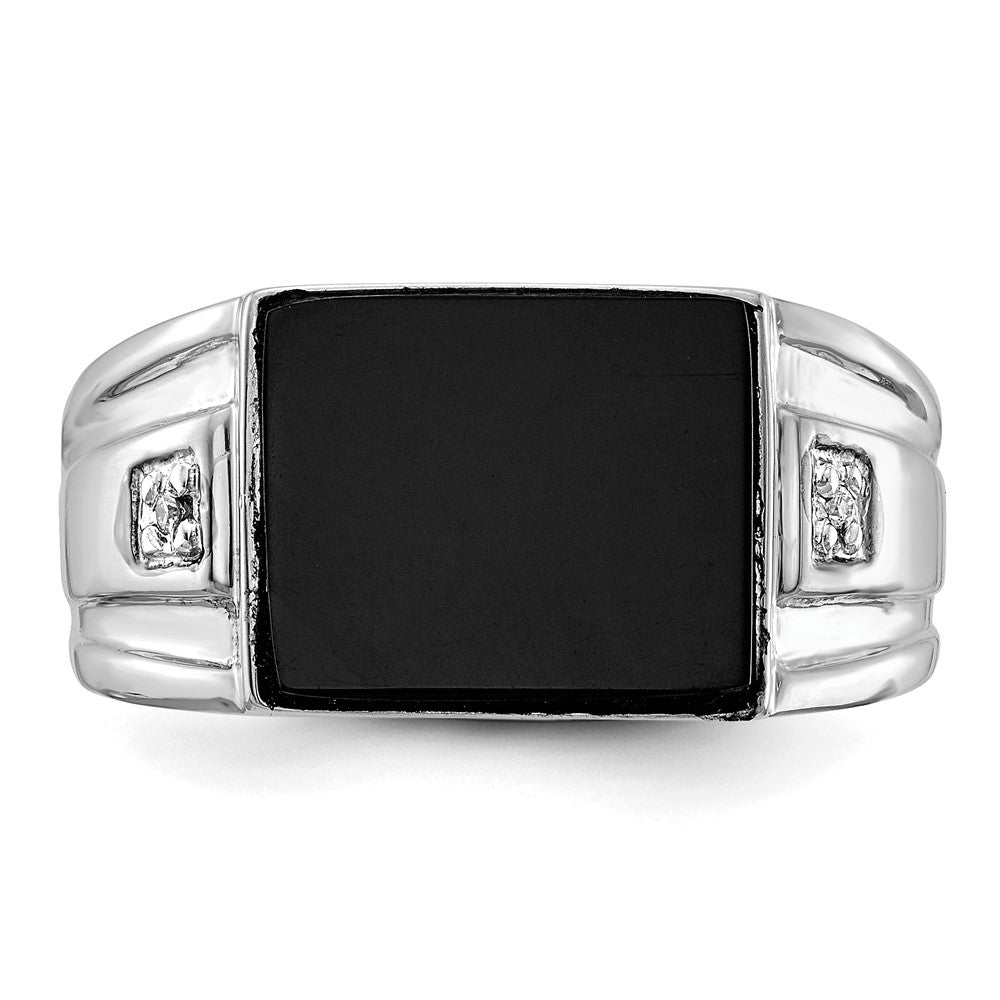 Solid 14k White Gold AAA Real Diamond and Onyx Men's Ring