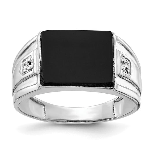 Solid 14k White Gold AAA Real Diamond and Onyx Men's Ring