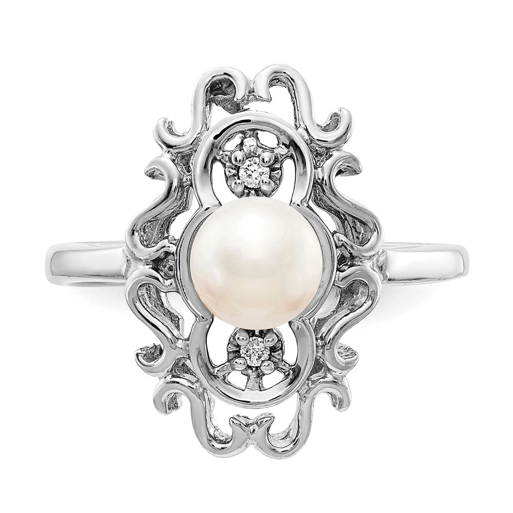 14k White Gold 5.5mm Black FW Cultured Pearl AA Diamond ring