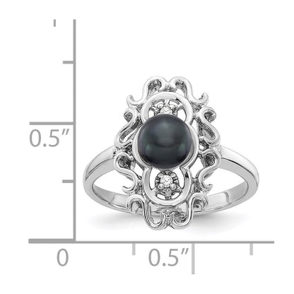 14k White Gold 5.5mm Black FW Cultured Pearl AA Diamond ring