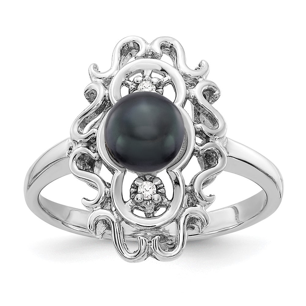 14k White Gold 5.5mm Black FW Cultured Pearl AA Diamond ring