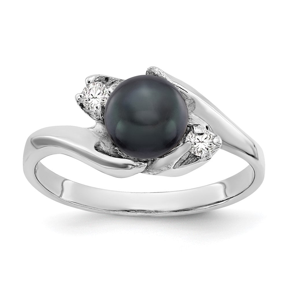 14k White Gold 6mm Black FW Cultured Pearl AA Diamond ring