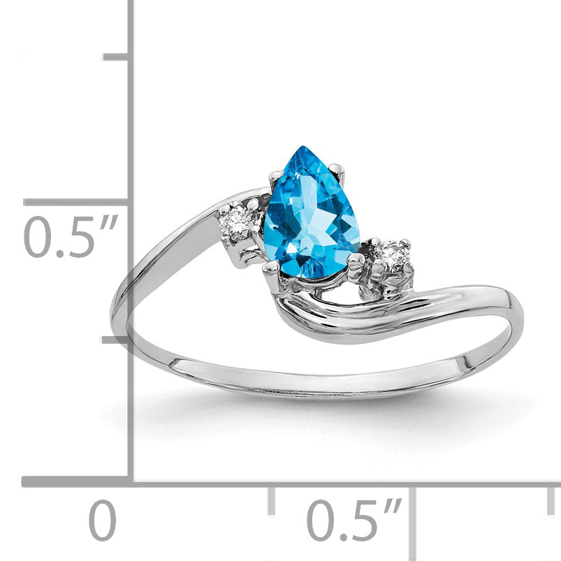 Solid 14k White Gold 6x4mm Pear Simulated Blue Topaz ChecKer AAA CZ Ring