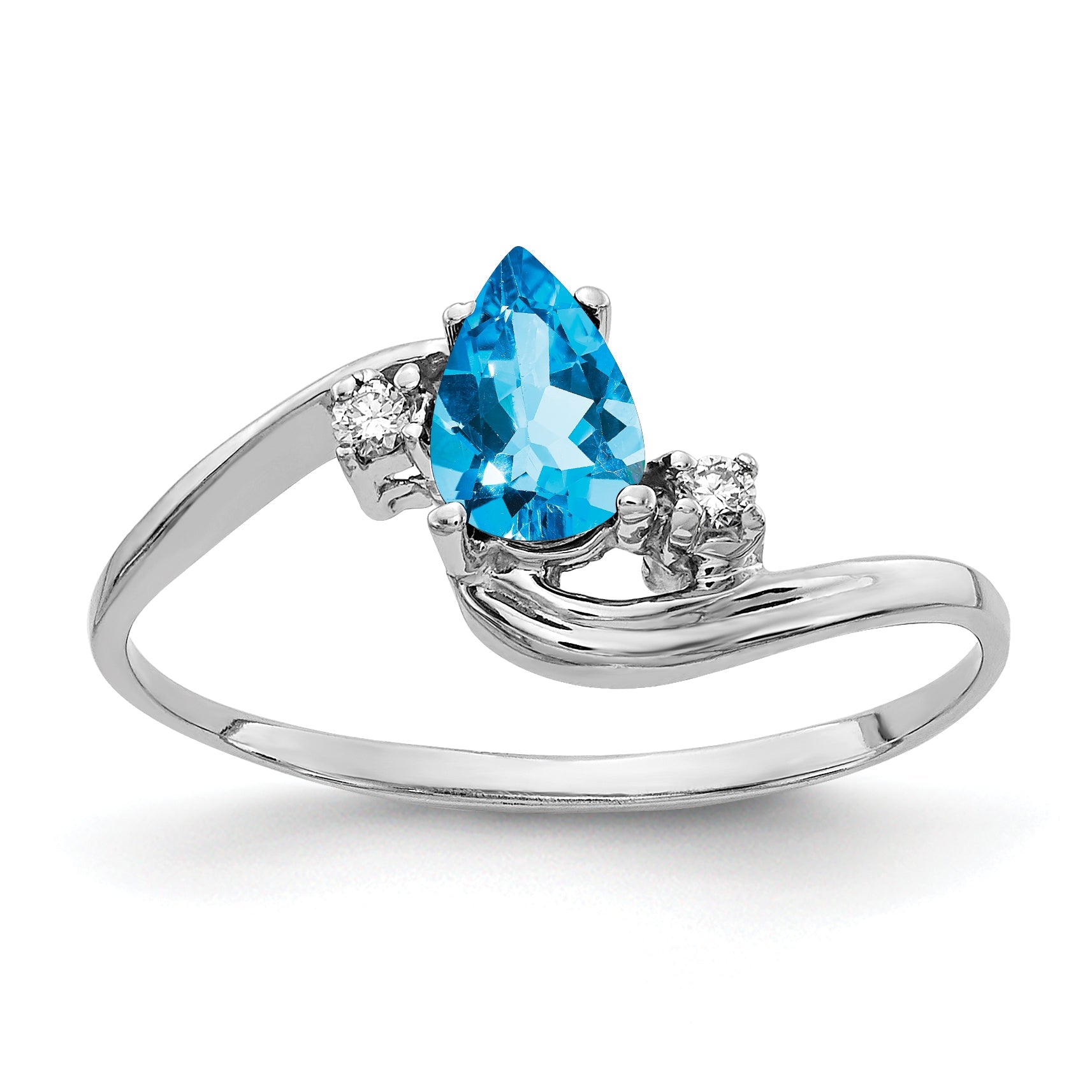 Solid 14k White Gold 6x4mm Pear Simulated Blue Topaz ChecKer AA CZ Ring