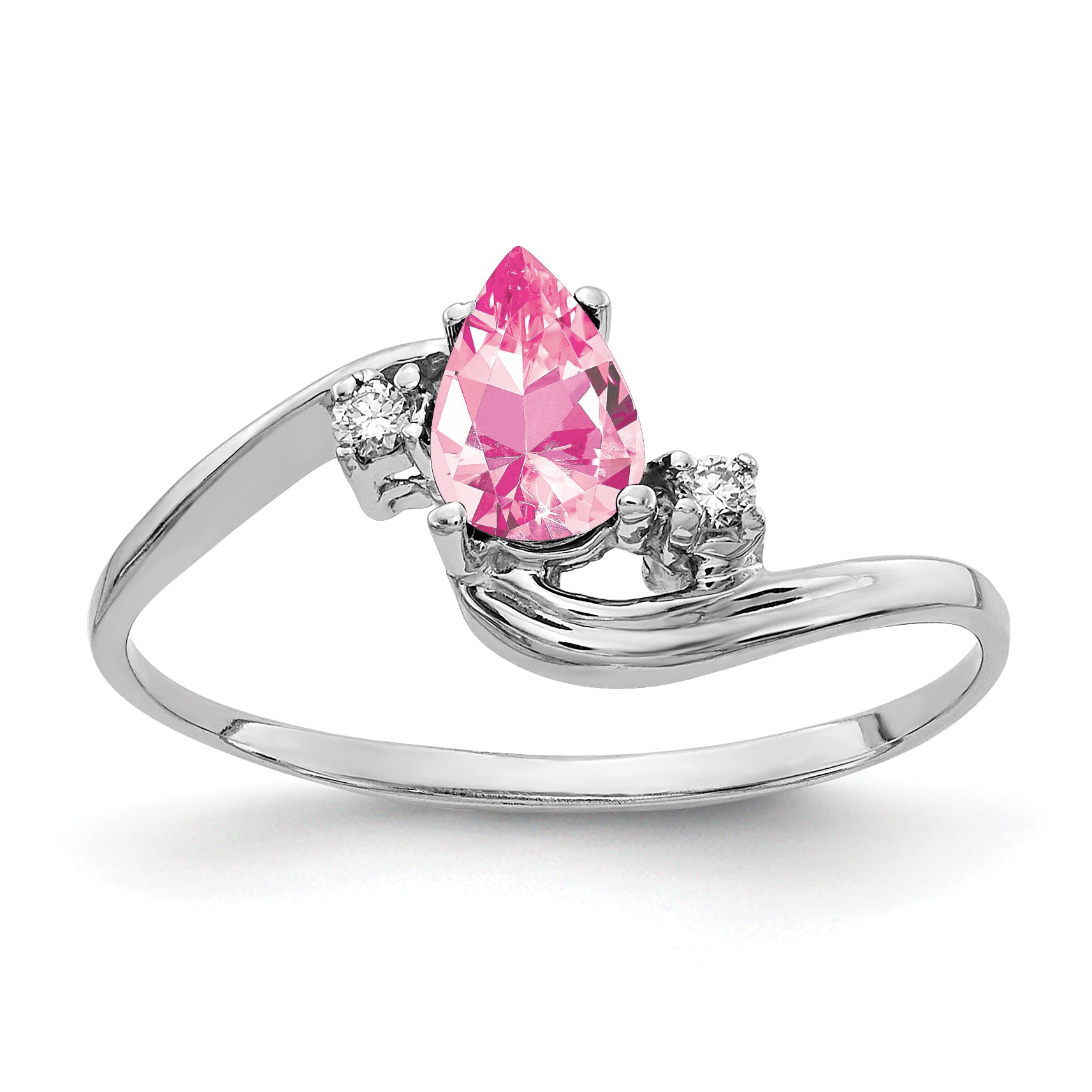 Solid 14k White Gold 6x4mm Pear Simulated Pink Tourmaline AA CZ Ring