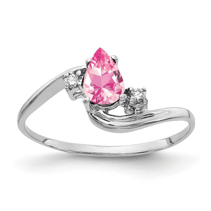 Solid 14k White Gold 6x4mm Pear Simulated Pink Tourmaline AA CZ Ring