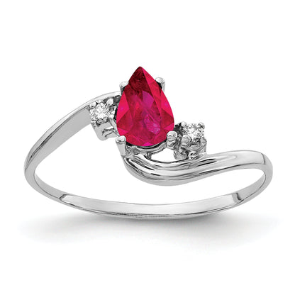 Solid 14k White Gold 6x4mm Pear Simulated Ruby VS CZ Ring