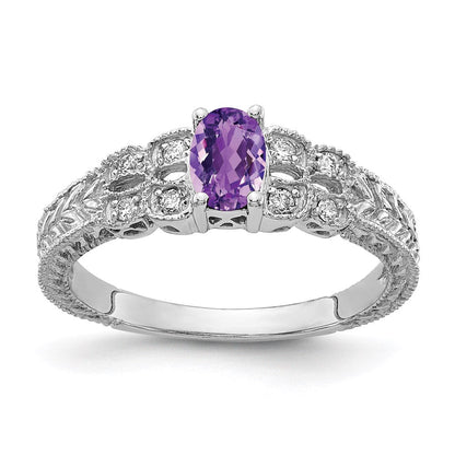 14k white gold 6x4mm oval amethyst checker aa real diamond ring y2065ac aa