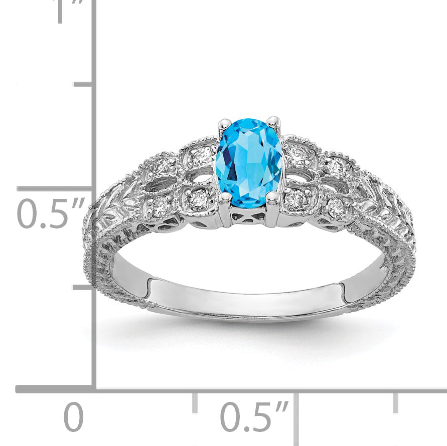 Solid 14k White Gold 6x4mm Oval Simulated Blue Topaz VS CZ Ring
