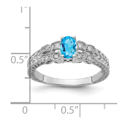 Solid 14k White Gold 6x4mm Oval Simulated Blue Topaz A CZ Ring