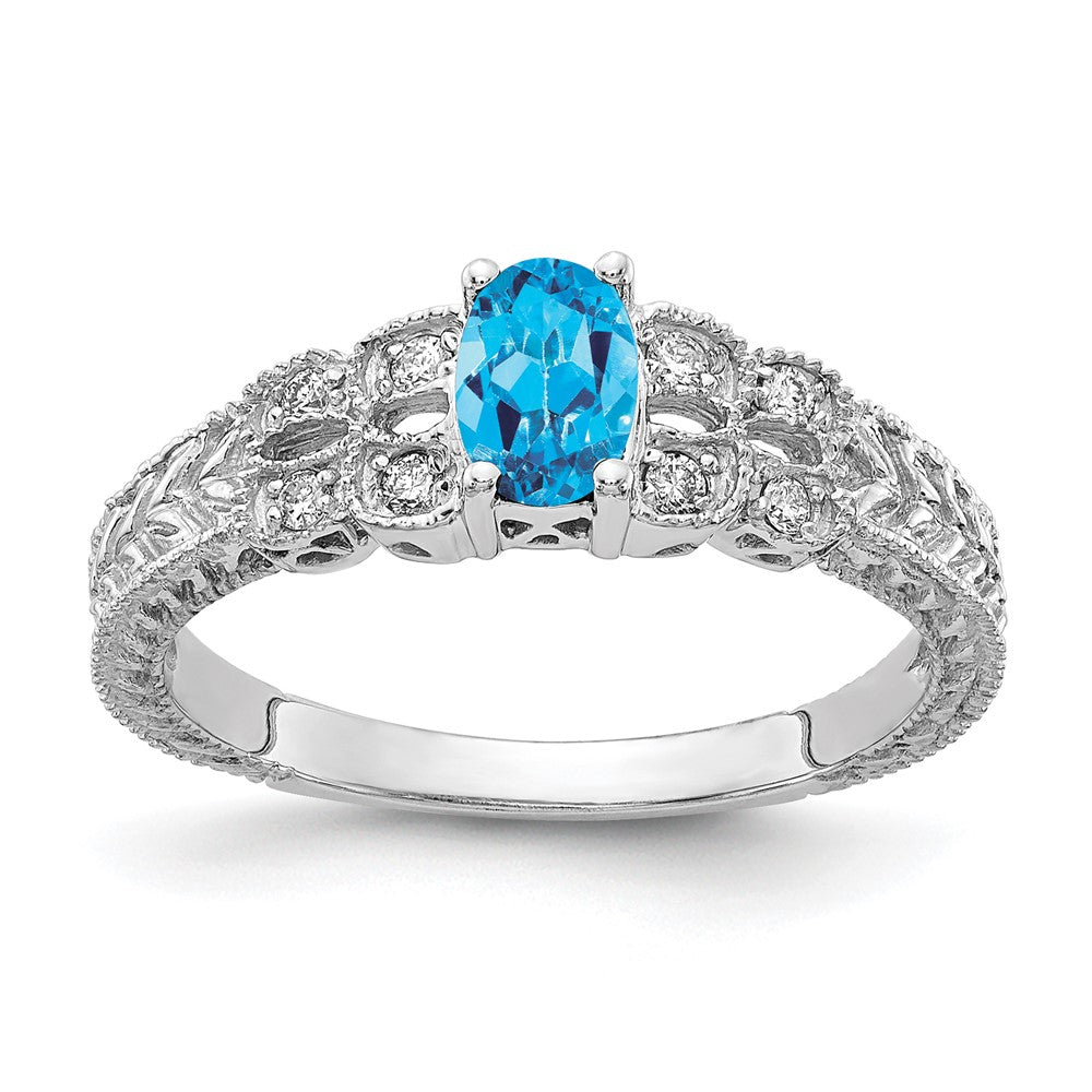 Solid 14k White Gold 6x4mm Oval Simulated Blue Topaz A CZ Ring