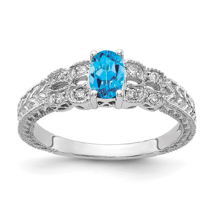 Solid 14k White Gold 6x4mm Oval Simulated Blue Topaz A CZ Ring