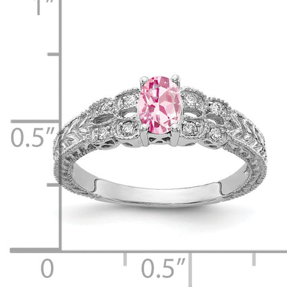 Solid 14k White Gold 6x4mm Oval Simulated Pink Tourmaline A CZ Ring