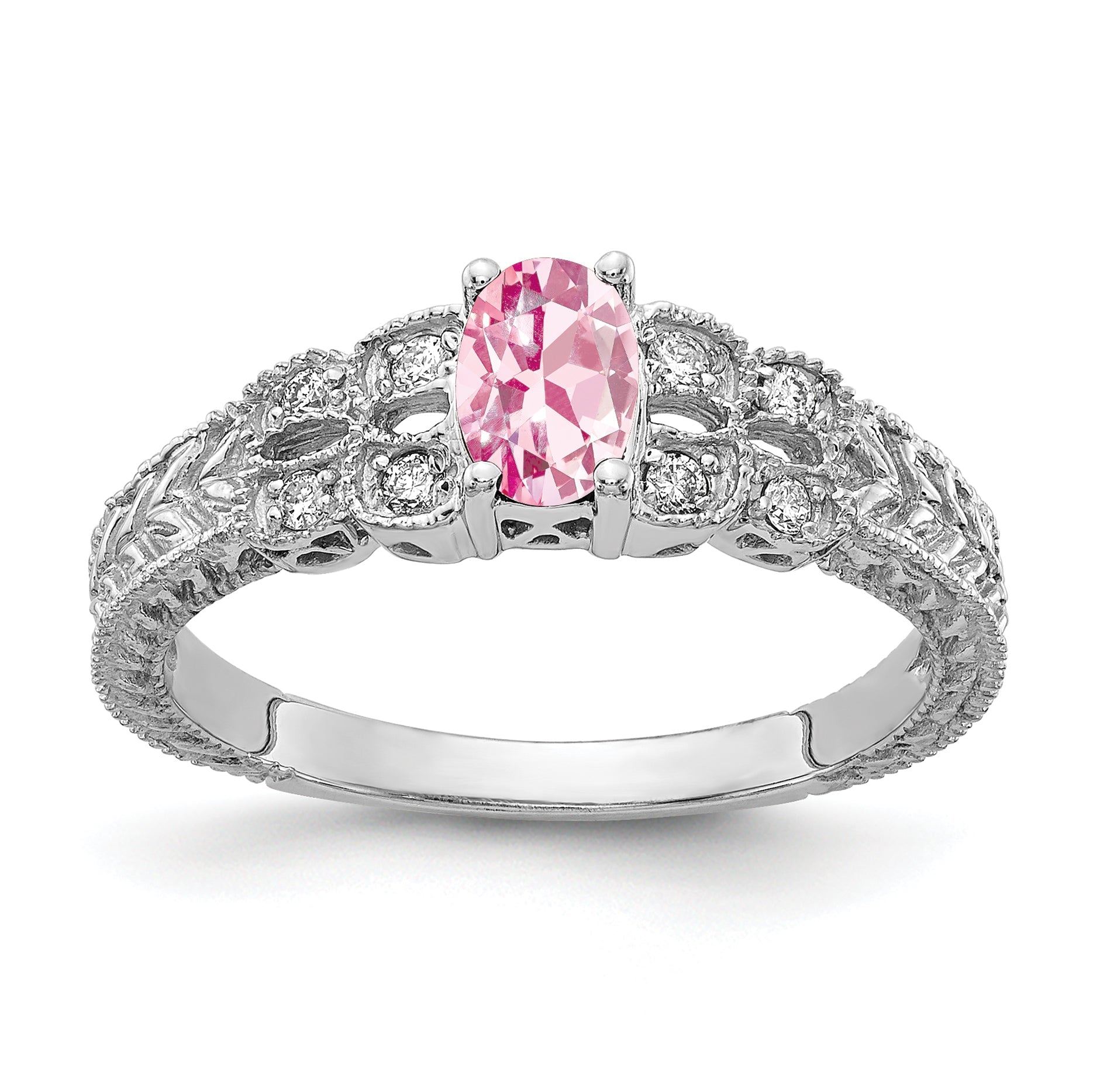 Solid 14k White Gold 6x4mm Oval Simulated Pink Tourmaline A CZ Ring