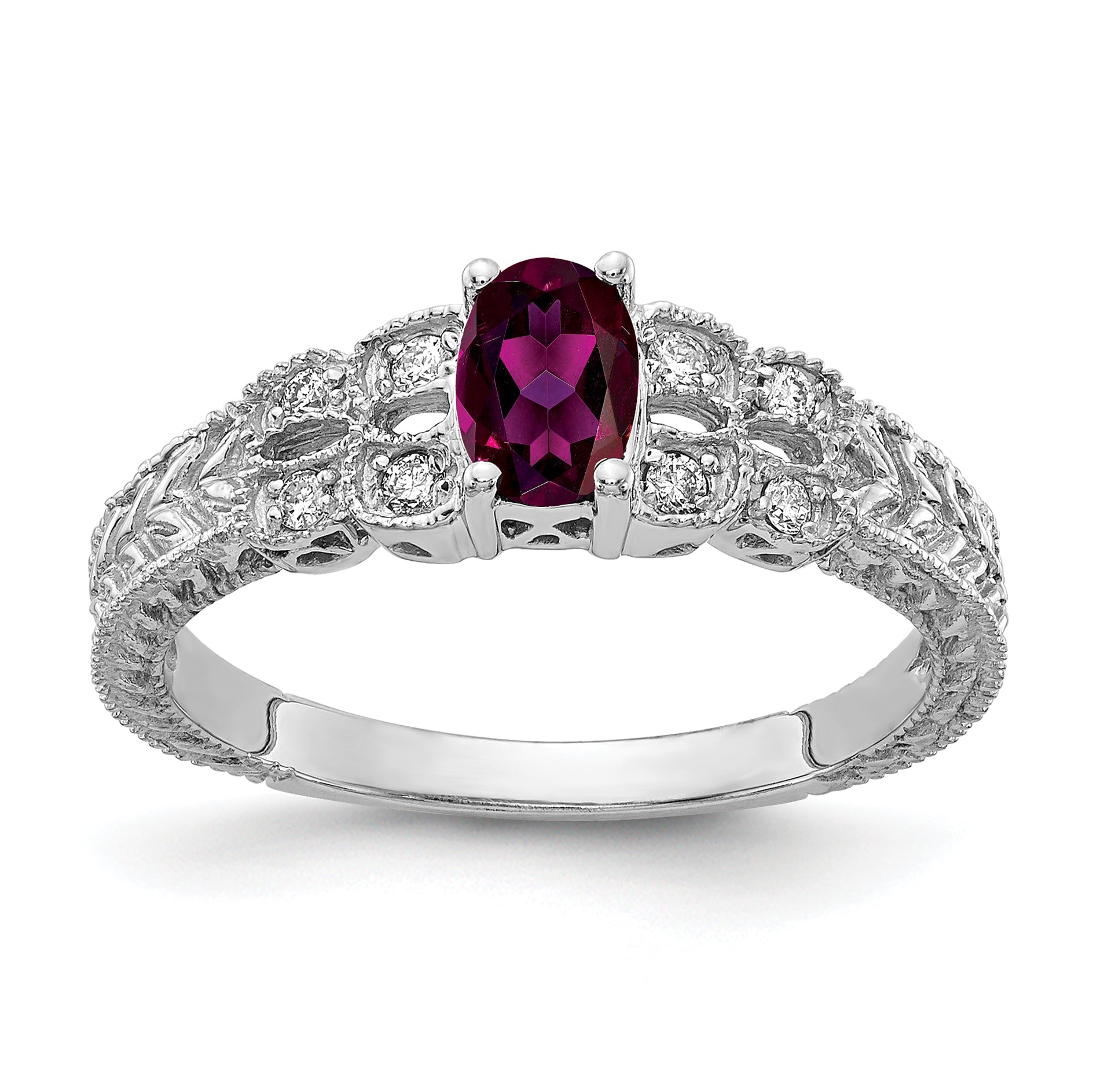 Solid 14k White Gold 6x4mm Oval Rhodolite Simulated Garnet AA CZ Ring