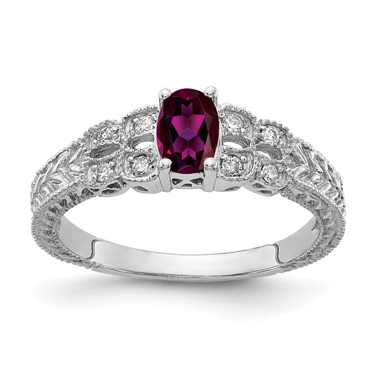 Solid 14k White Gold 6x4mm Oval Rhodolite Simulated Garnet AA CZ Ring