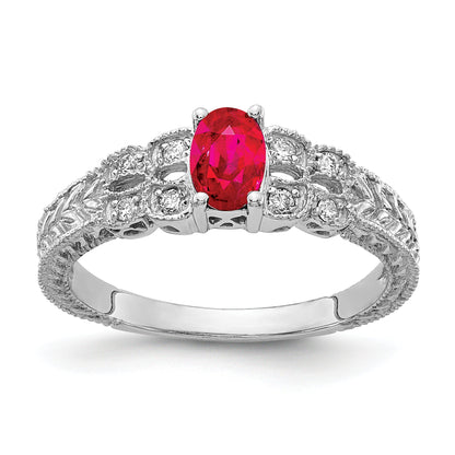 Solid 14k White Gold 6x4mm Oval Simulated Ruby AA CZ Ring