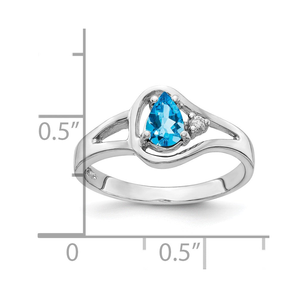 Solid 14k White Gold 6x4mm Pear Simulated Blue Topaz A CZ Ring