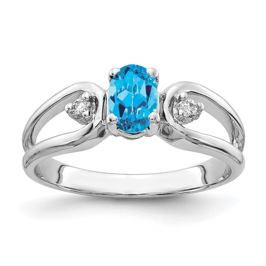 Solid 14k White Gold 6x4mm Oval Simulated Blue Topaz VS CZ Ring