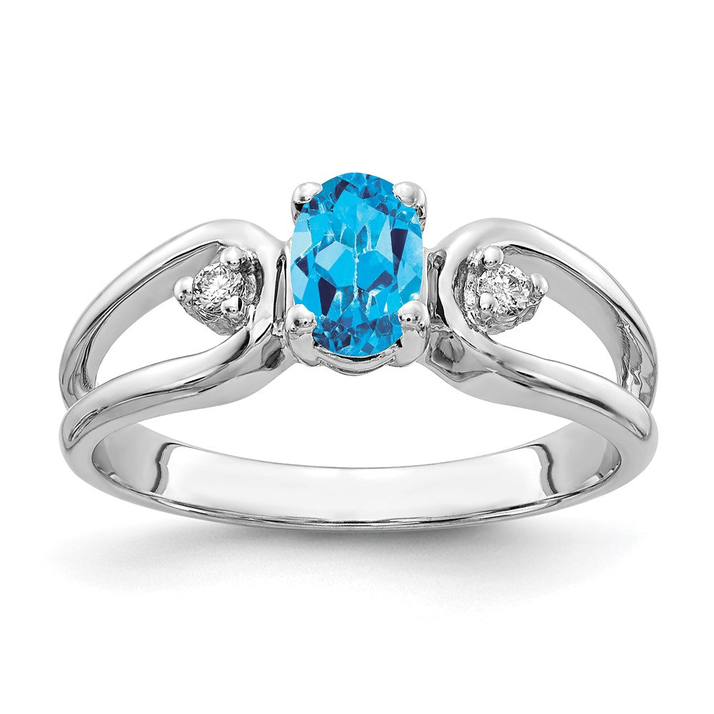 Solid 14k White Gold 6x4mm Oval Simulated Blue Topaz ChecKer A CZ Ring