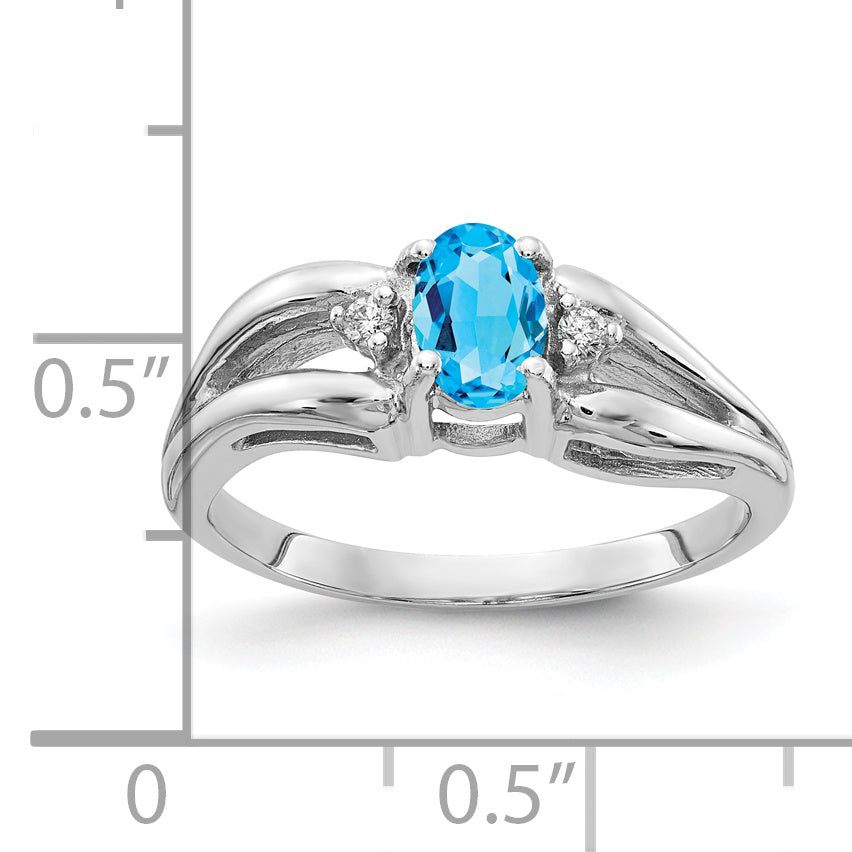 Solid 14k White Gold 6x4mm Oval Simulated Blue Topaz VS CZ Ring