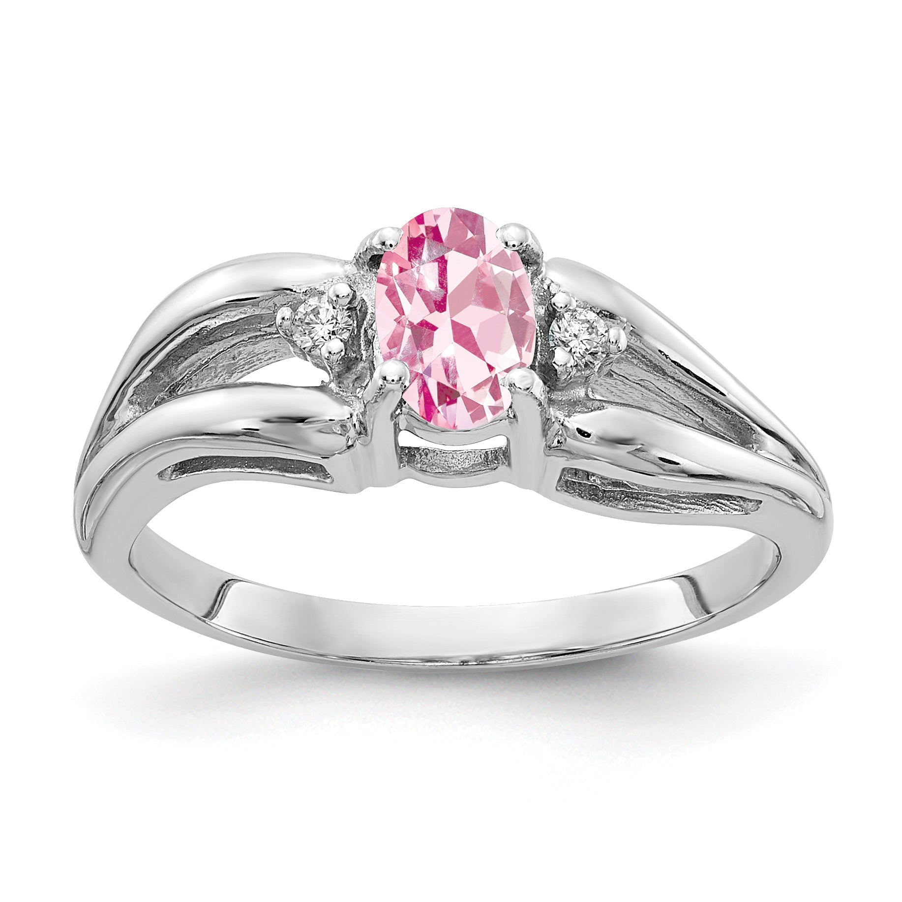Solid 14k White Gold 6x4mm Oval Simulated Pink Tourmaline A CZ Ring