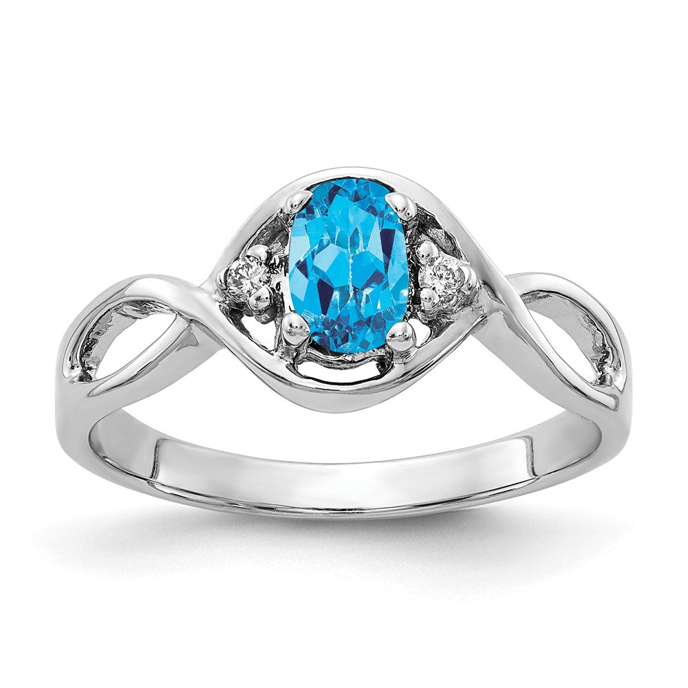 Solid 14k White Gold 6x4mm Oval Simulated Blue Topaz A CZ Ring
