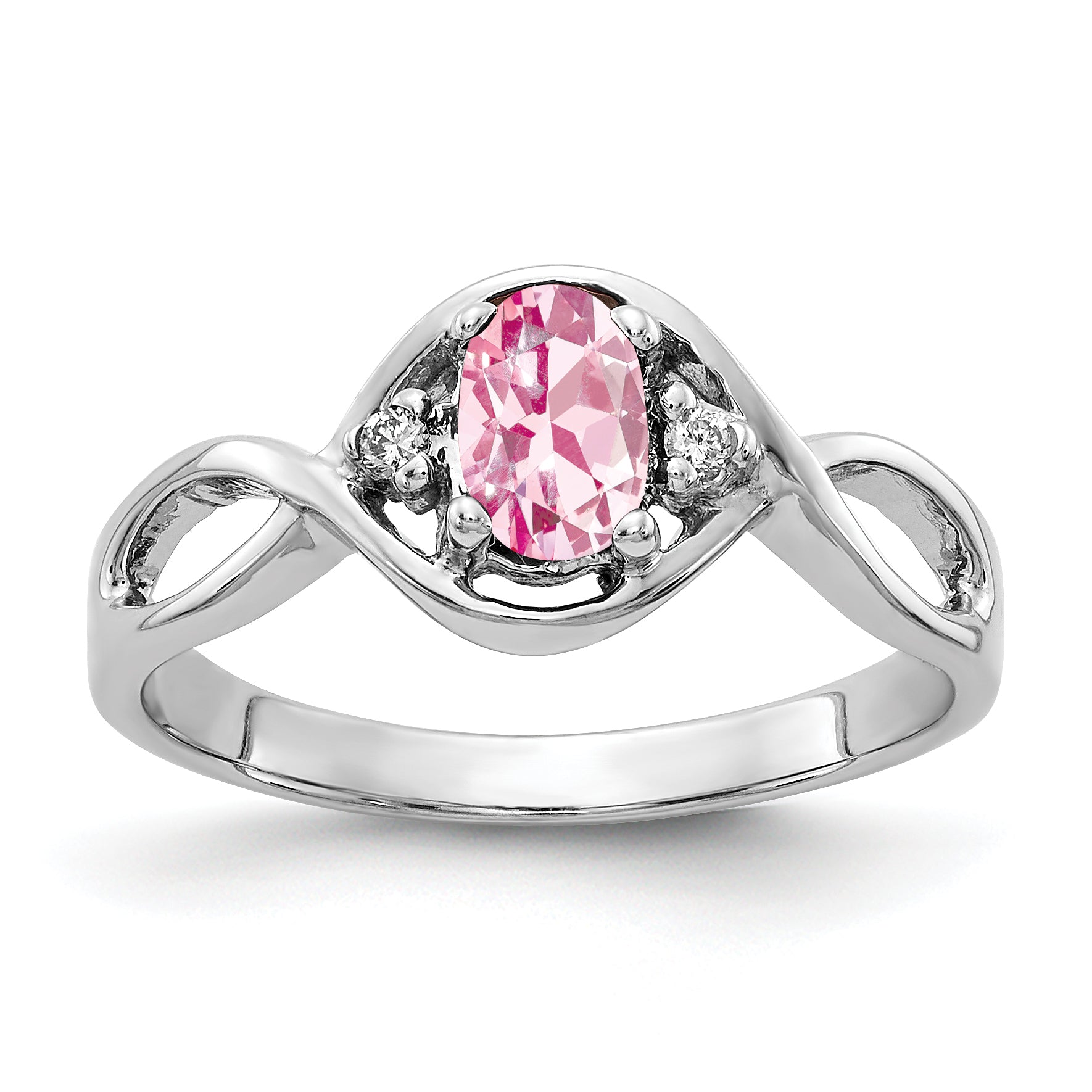 Solid 14k White Gold 6x4mm Oval Simulated Pink Tourmaline A CZ Ring