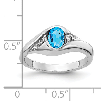 Solid 14k White Gold 6x4mm Oval Simulated Blue Topaz VS CZ Ring