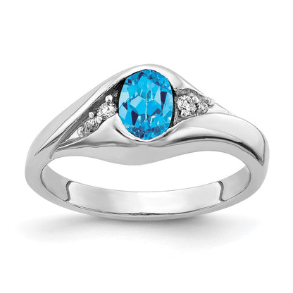 Solid 14k White Gold 6x4mm Oval Simulated Blue Topaz A CZ Ring