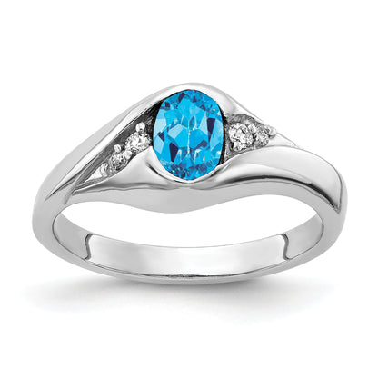 Solid 14k White Gold 6x4mm Oval Simulated Blue Topaz VS CZ Ring