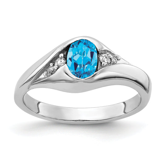 Solid 14k White Gold 6x4mm Oval Simulated Blue Topaz VS CZ Ring