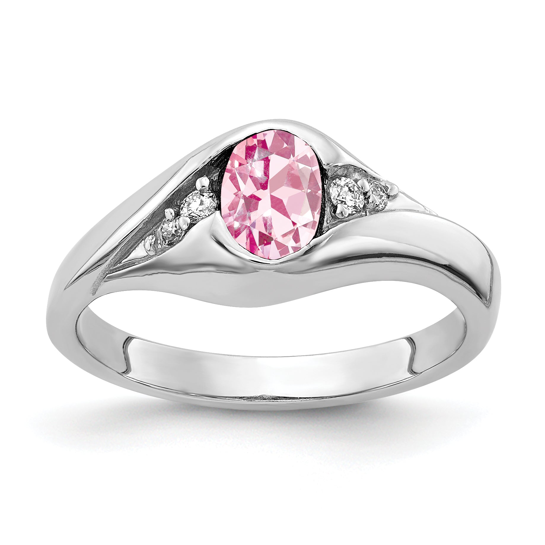 Solid 14k White Gold 6x4mm Oval Simulated Pink Tourmaline A CZ Ring