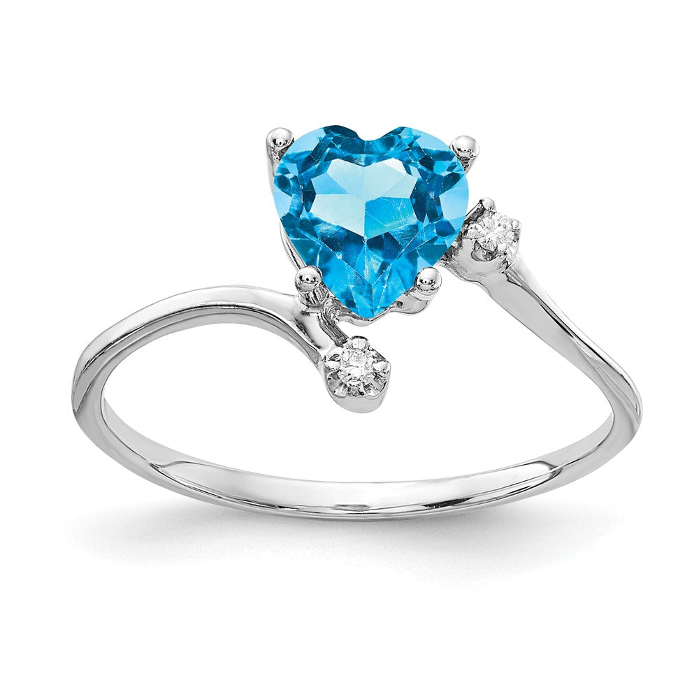 Solid 14k White Gold 6mm Heart Simulated Blue Topaz A CZ Ring